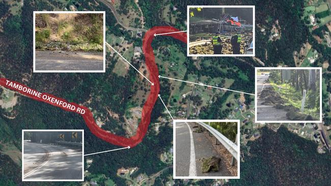 The trail of damage left along Tamborine Oxenford Road, Wongawallan.