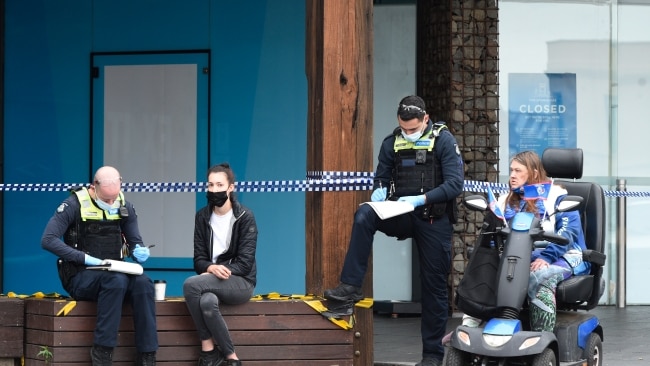 Police speak to witnesses at the scene of a stabbing at Barkly Square Shopping Centre. Picture: NCA NewsWire / Andrew Henshaw