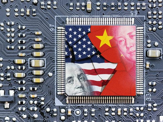 Flag of USA and China on a processor, CPU or GPU microchip on a motherboard. US companies have become the latest collateral damage in US - China tech war. US limits, restricts AI chips sales to China.