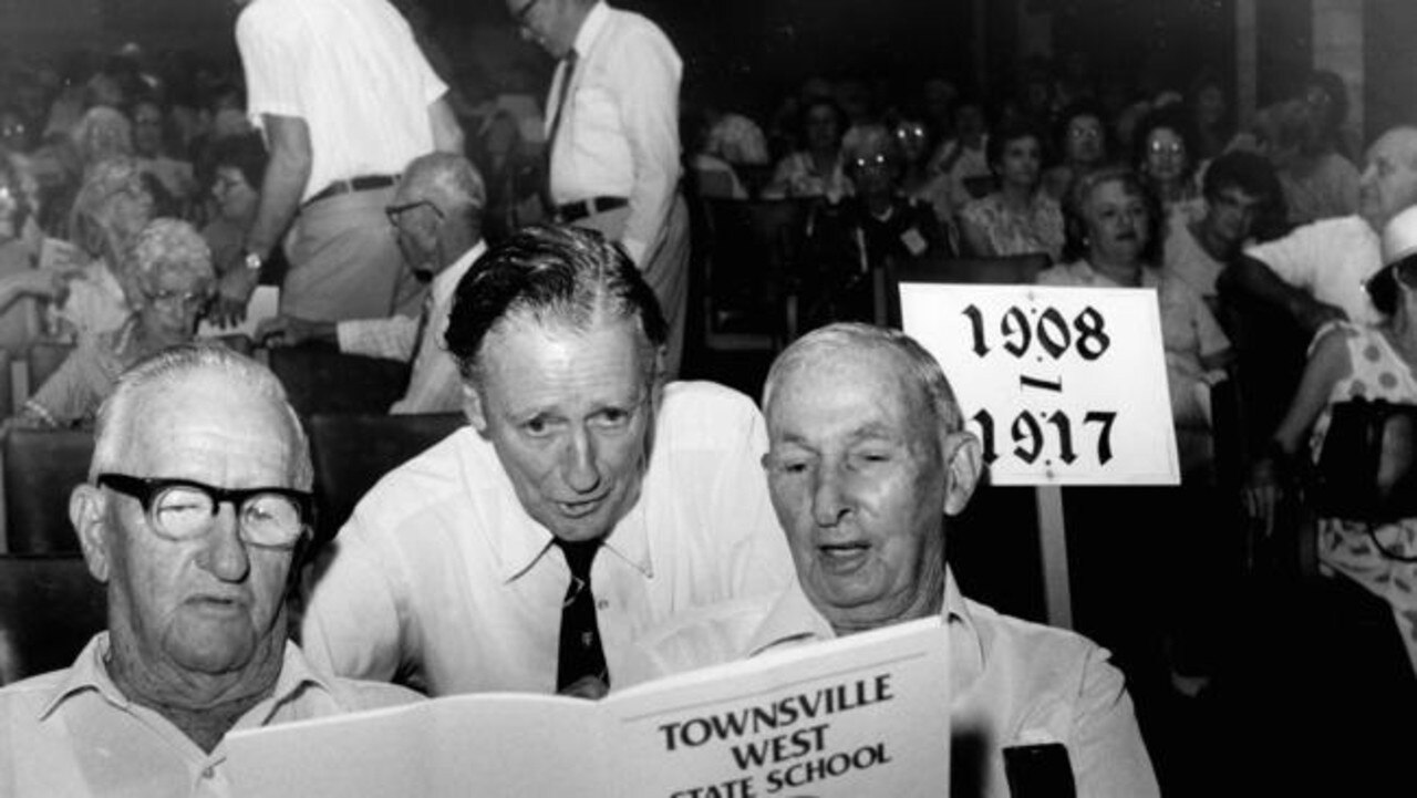 Three ex-students of Townsville West State School reminisce at the school's centenary celebration in April, 1987. They are Cliff Lock, left, who enrolled in 1917, John Ash (1913) and Wal Pearce (1911) Picture: Leo Thomas