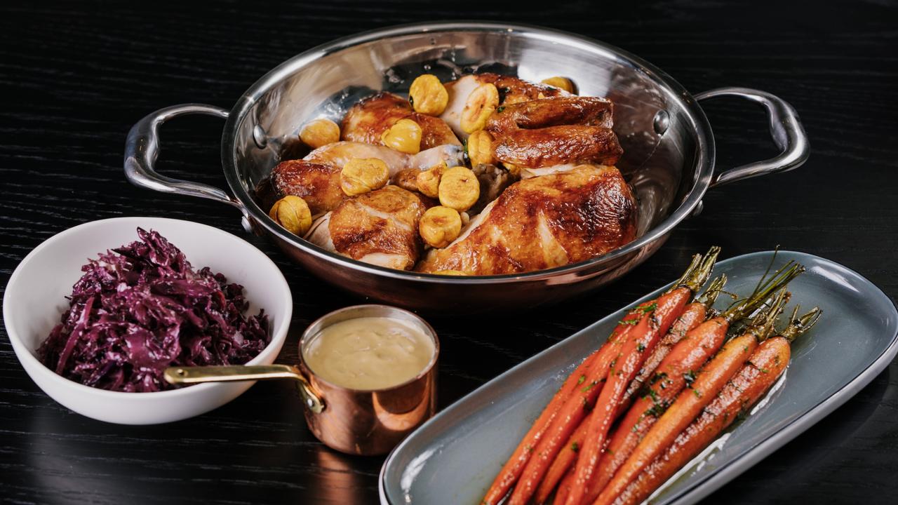 Rotisserie: Roast chicken and side dishes at Bisou Bisou, Fortitude Valley.