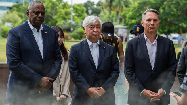 US Defence Secretary Lloyd Austin and Japanese Defence Minister Gen Nakatani joined Australian Defence Minister Richard Marles in Darwin for trilateral talks. Picture: Pema Tamang Pakhrin