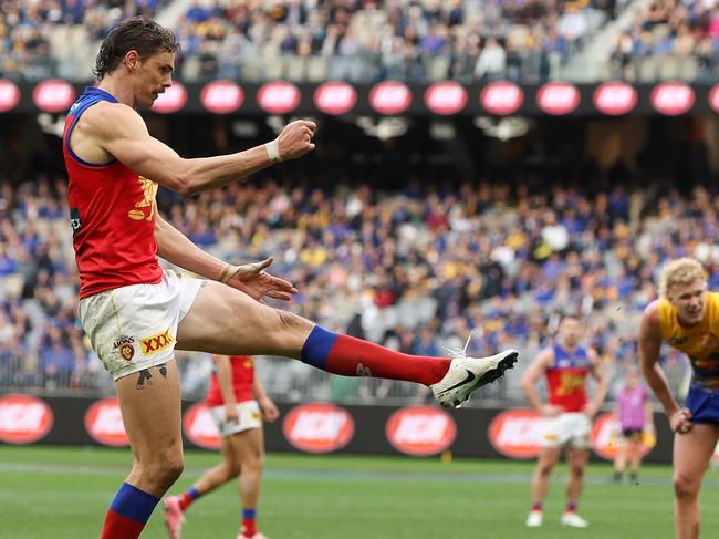 Joe Daniher kicks for goal against West Coast. Picture: Will Russell/AFL Photos via Getty Images