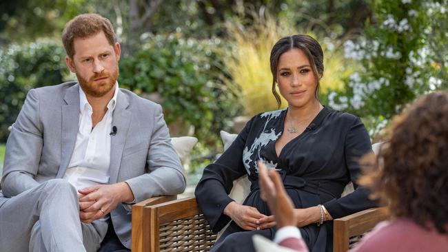 Prince Harry and his wife Meghan, Duchess of Sussex, in a conversation with US television host Oprah Winfrey. Picture: AFP