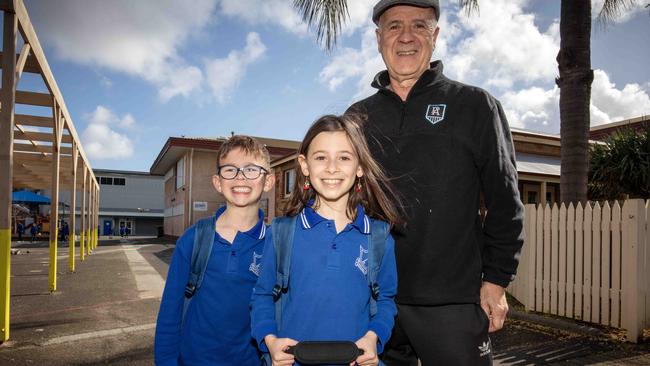 Grandfather Frank Ali, with Indi and Ziggy, at East Adelaide School. Picture: NCA NewsWIRE / Emma Brasier