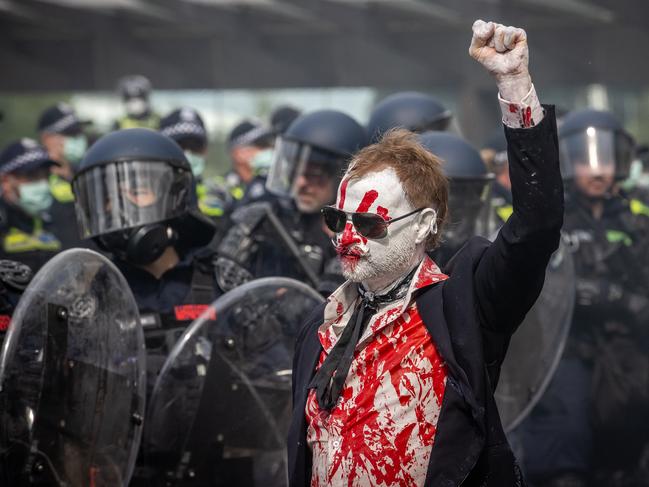 A defiant protester. Picture: Jake Nowakowski