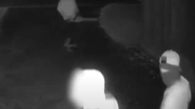 Circular Head youths were caught in shocking security camera footage prowling around a home late at night, armed with machetes and a chainsaw. Picture: Supplied