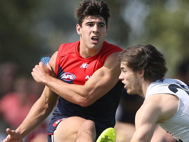 AFL: Pre Season Match Carlton v Melbourne Christian Petracca kicks Picture:Wayne Ludbey