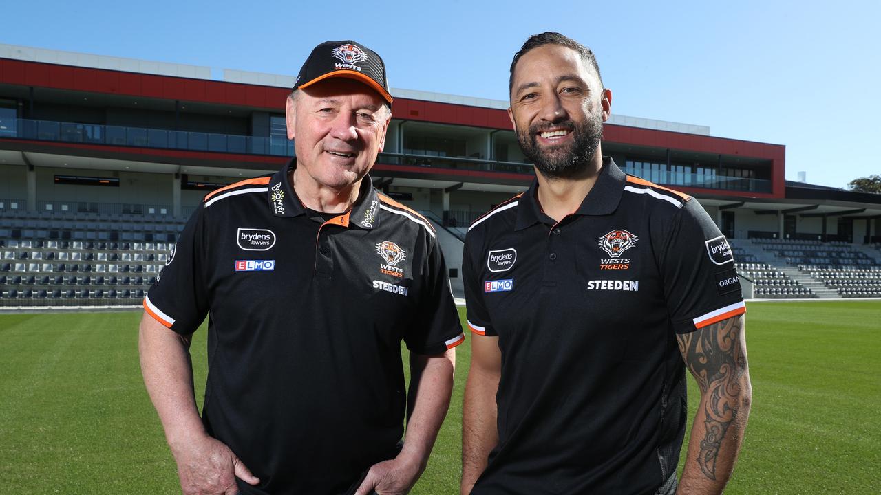 Tim Sheens and Benji Marshall will be coaching David Klemmer at the Tigers over the next five years. Picture: David Swift