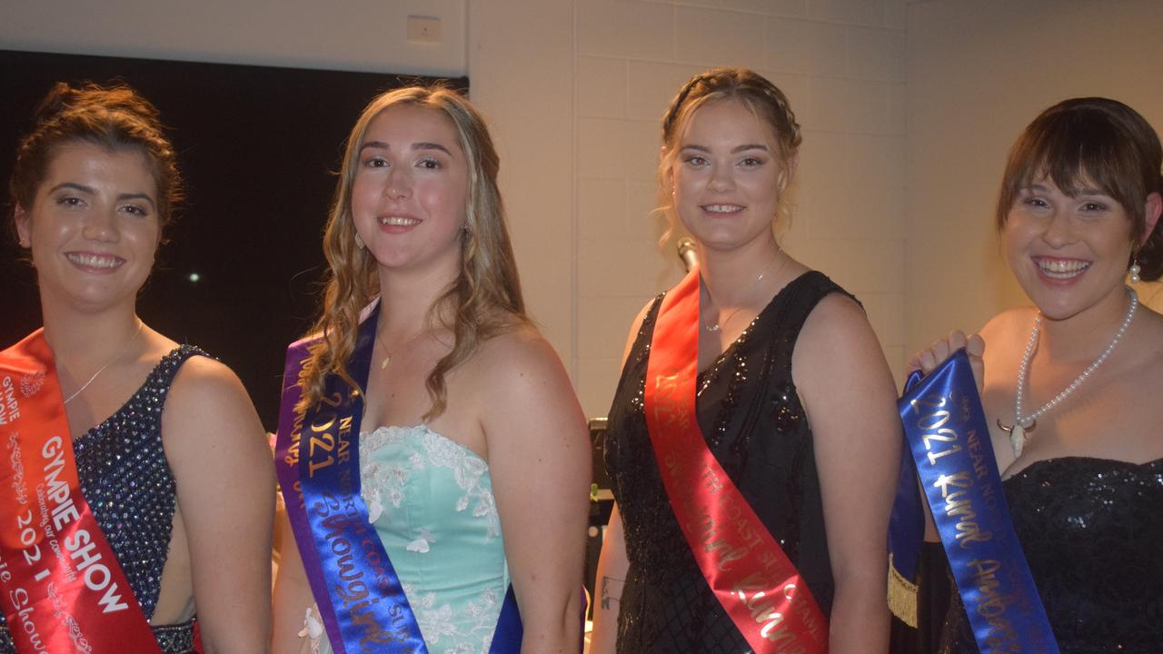 2021 Near North Coast Regional sub chamber Gala Dinner at the Gympie Showgrounds Pavilion on Saturday, 27 June 2021. L-R Jazmin Farrow (Gympie Showgirl), Chloe Lanham (Maleny Showgirl, winner) , Tahlia Robinson (Fraser Coast Showgirl) and Rural Ambassador for Near North Coast Emily Larkin. Pictures: Josh Preston