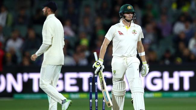 Steve Smith was dismissed by Chris Woakes in tricky conditions.