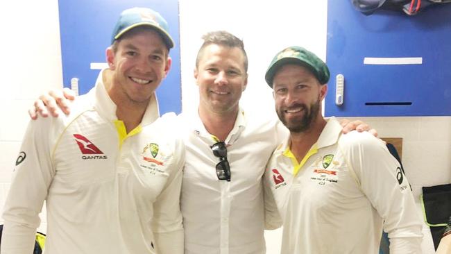 Nick Paine with brother Tim and Matthew Wade after Australia won the first Ashes match.