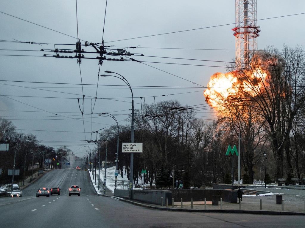 A blast is seen in the TV tower, amid Russia's invasion of Ukraine, in Kyiv, Ukraine March 1, 2022. REUTERS/Carlos Barria