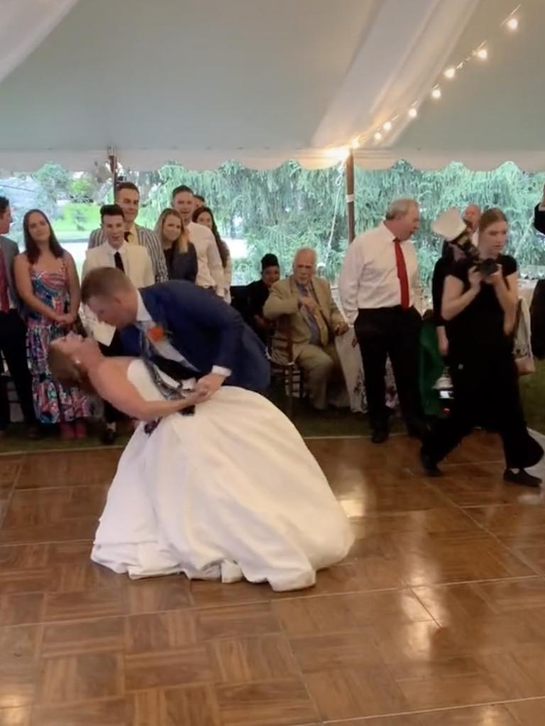 But during their first dance as a married couple Ms Benn dislocated her knee in a freak accident. Picture: TikTok/@liz_richter.