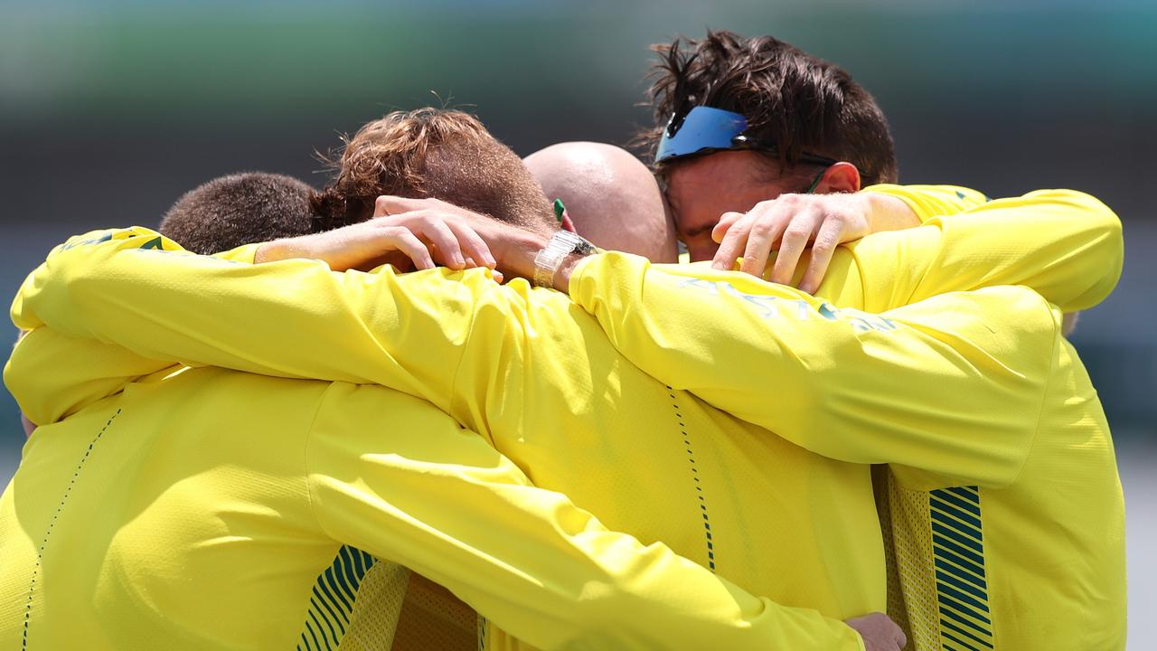 TOKYO, JAPAN - JULY 28: Alexander Purnell, Jack Hargreaves, Spencer Turrin and Alexander Hill of Team Australia celebrate winning the gold medal during the medal ceremony for the Men's Four Final A on day five of the Tokyo 2020 Olympic Games at Sea Forest Waterway on July 28, 2021 in Tokyo, Japan. (Photo by Naomi Baker/Getty Images)