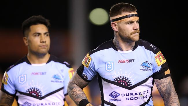 Josh Dugan cuts a dejected figure after Cronulla’s defeat to Brisbane. Picture: Getty Images