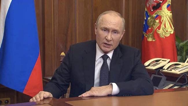 Russian President Vladimir Putin makes an address in the course of Russia-Ukraine military conflict in Moscow.