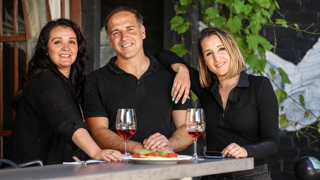 Chantal Panelli, Antoni Parisi and Simone Ellery in their Parisi’s Restaurant on King William Rd Unley Park. Picture: Russell Millard