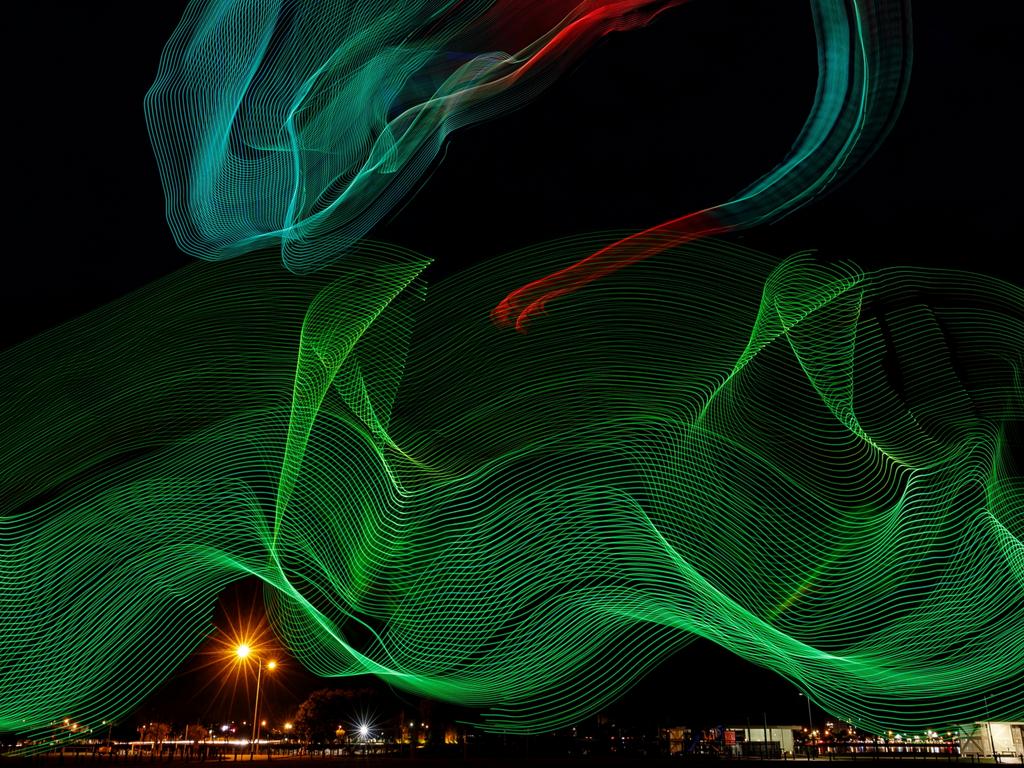 The kites in action at Clontarf’s Pelican Park at night ahead of Redcliffe KiteFest. Photo: Josh Woning.