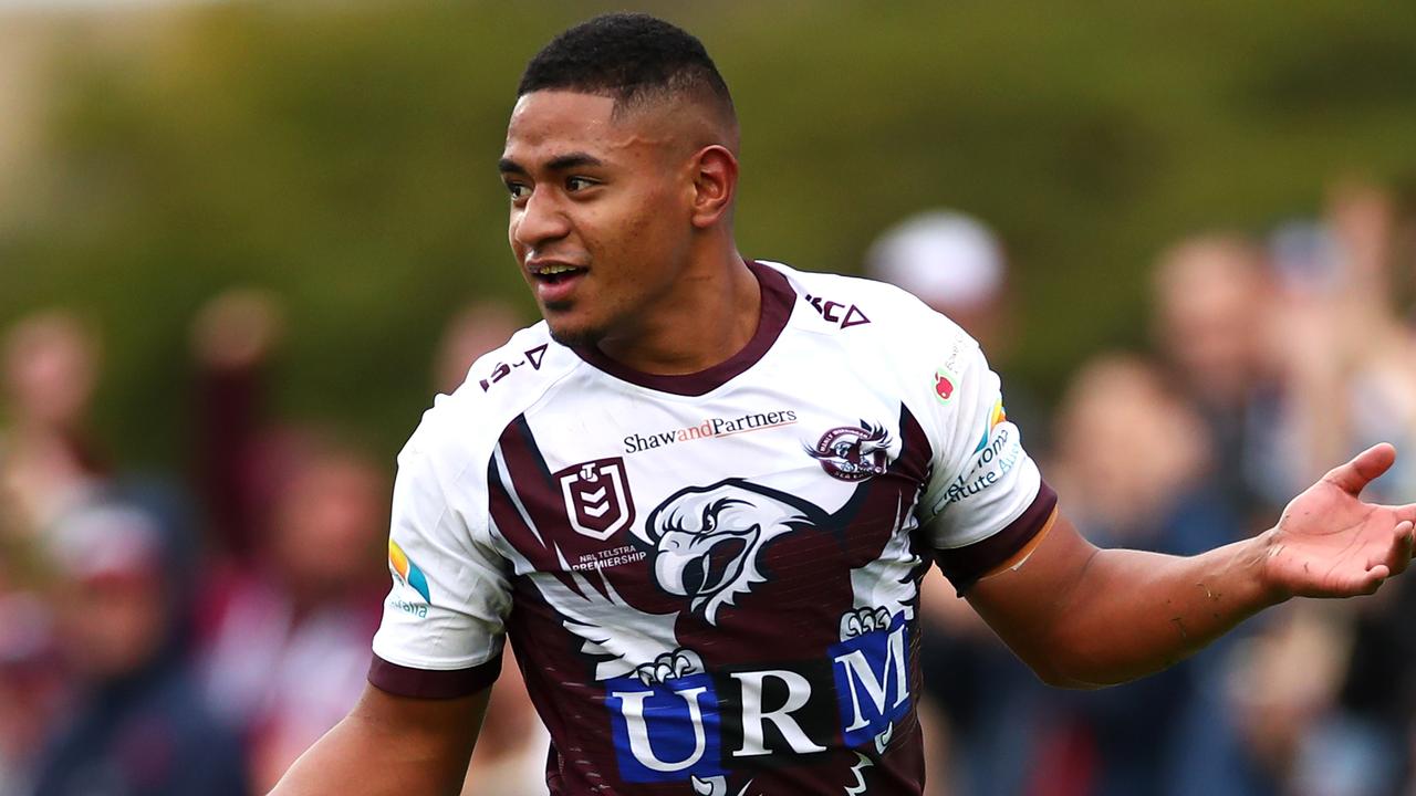 SYDNEY, AUSTRALIA - JUNE 16: Manase Fainu of the Sea Eagles celebrates scoring a try during the round 14 NRL match between the Manly Sea Eagles and the St George Illawarra Dragons at Lottoland on June 16, 2019 in Sydney, Australia. (Photo by Cameron Spencer/Getty Images)