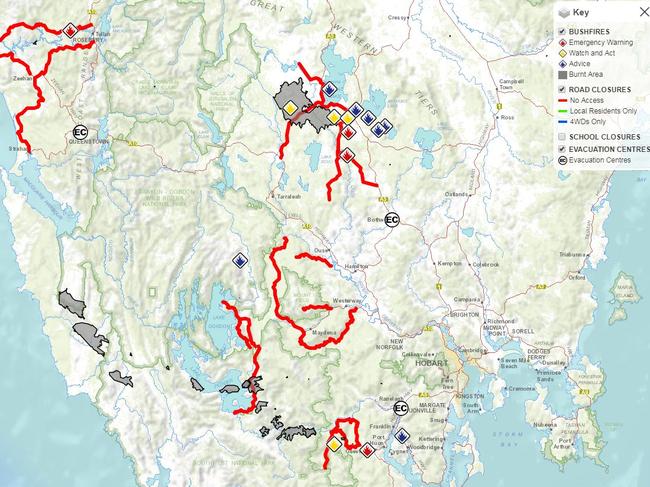 TasAlert map at 10am showing the extent of Tasmanian bushfires.