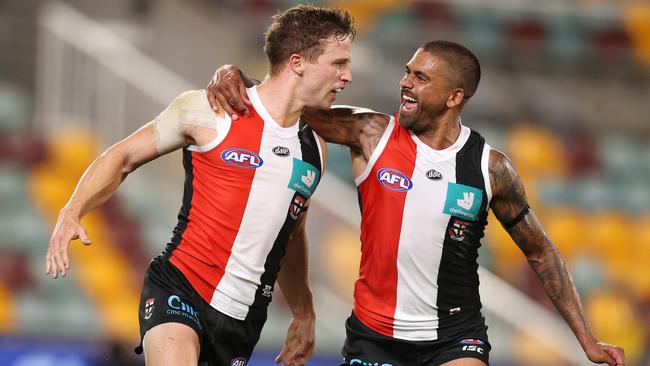 Jack Billings and Bradley Hill enjoy a goal in Round 18.