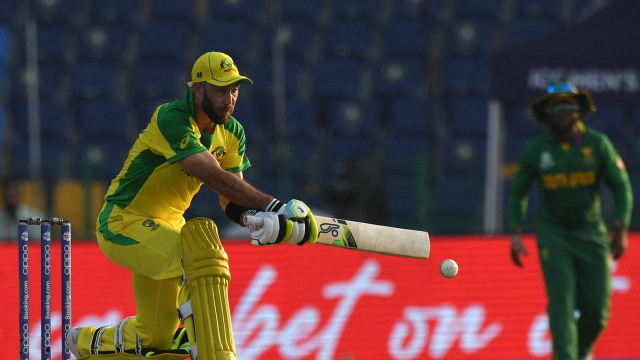 Glenn Maxwell was in the box seat to guide Australia home, but it fell to Matthew Wade and Marcus Stoinis to save the day. Picture: AFP.