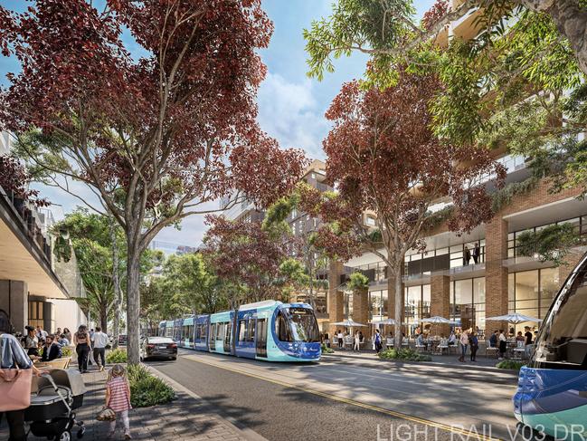 Artist's impression of potential Parramatta Road transformation to include a light rail down the middle.   , These renders are situated at the corner of Burwood and Parramatta Roads. Picture: Supplied.