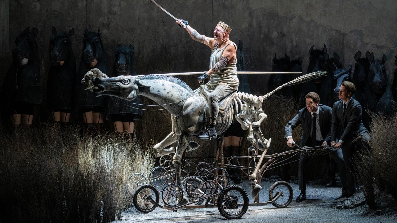 Adelaide Festival 2022. The Golden Cockerel – Pavlo Hunka as Tsar Dodon, with Samuel Dundas and Nicholas Jones as his sons. Picture: Andrew Beveridge, supplied