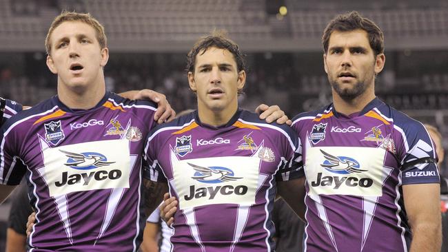 Storm stars Ryan Hoffman, Billy Slater and captain Cameron Smith in 2010