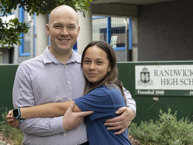 Morgan Jolly and his daughter Saskia 12, are both thrilled about the decision to merge both Randwick schools next year. Picture: Daily Telegraph / Monique Harmer