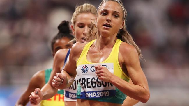 Genevieve Gregson tries to do it all from the front in the 3000m steeplechase heats.