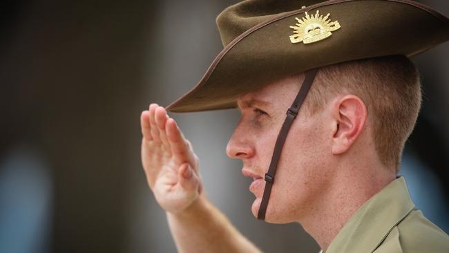 DARWIN, AUSTRALIA- NewsWire Photos FEBRUARY 19, 2021:  An ADF Digger during the Bombing of Darwin commemoration of the 79th Anniversary of the raid on the city by the Japanese on the 19th of February 1942.Picture: NCA NewsWire / Glenn Campbell