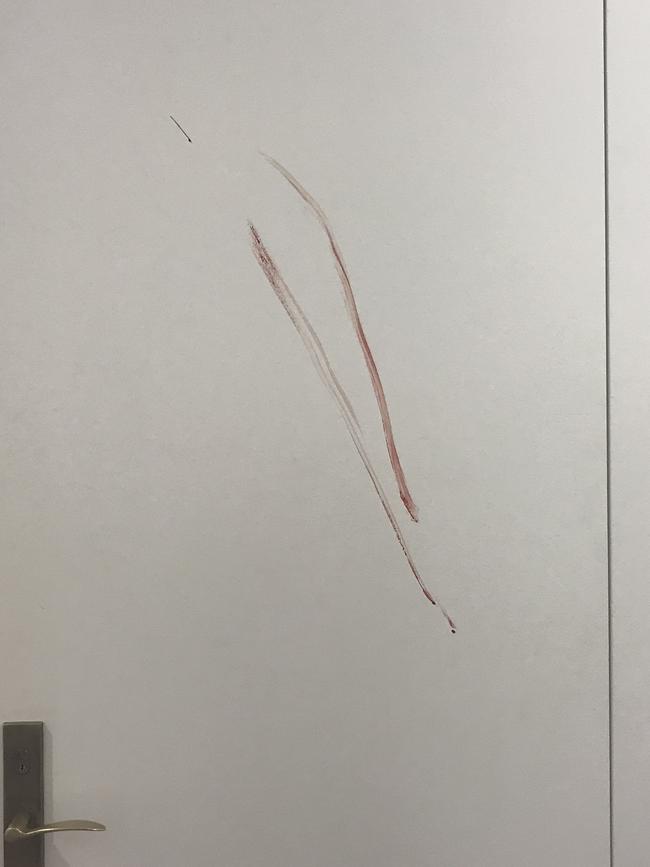 A red substance was found on the doors of the suite. Picture: Supplied