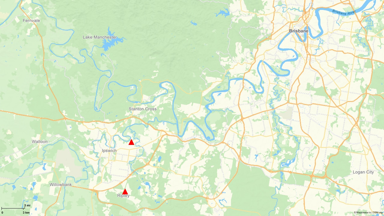 Police will allege the home invasion took place on Ripley Rd, Ripley, southwest of Brisbane, with a man arrested in connection to the assault 15km north in Bundamba (pictured).