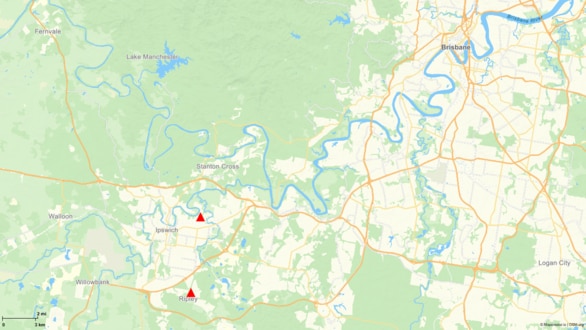 Police will allege the home invasion took place on Ripley Rd, Ripley, southwest of Brisbane, with a man arrested in connection to the assault 15km north in Bundamba (pictured).