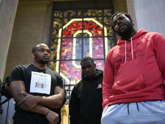 Former quarterback Cardale Jones of the Ohio State Buckeyes speaks to fans and students during a vigil in memory of Dwayne Haskins at Ohio Stadium on April 12, 2022, in Columbus, Ohio. Picture: Getty Images