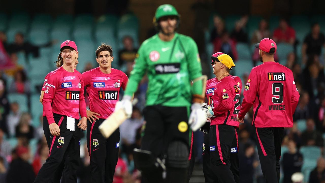 Sean Abbott celebrates with teammates after dismissing Beau Webster. Picture: Getty Images