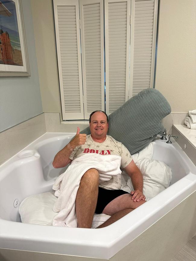 Mr Bunnik recreates his hiding place after the hurricane. Picture: Supplied