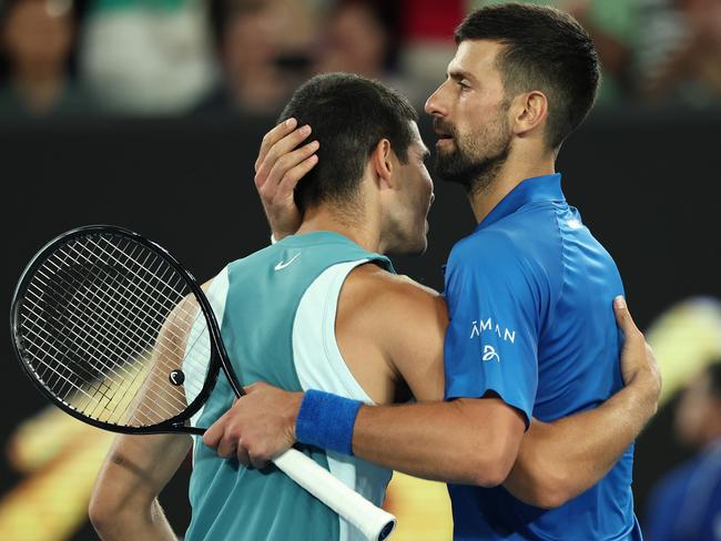 Mutual respect … Djokovic and Alcaraz embrace Picture: Getty Images