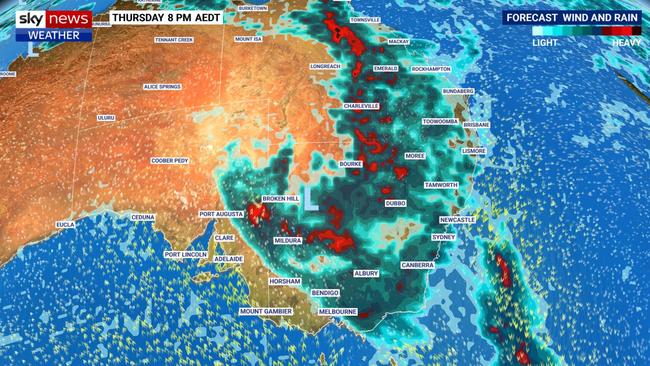 Thursday could be the peak day for rain in the east. Picture: BOM.