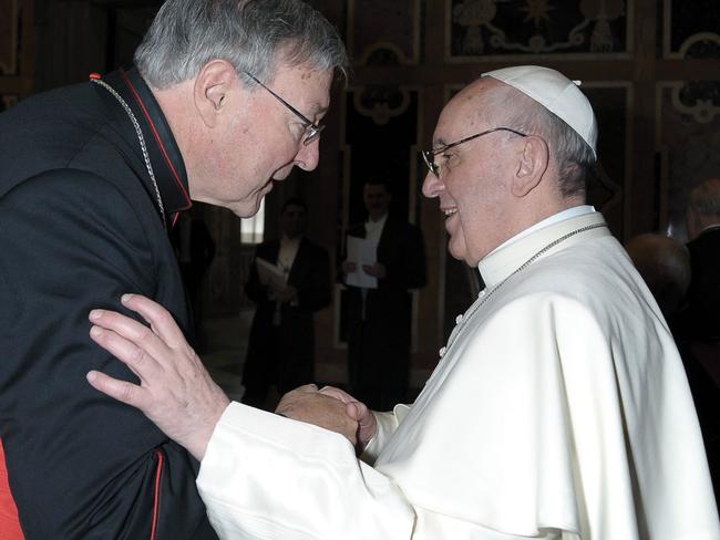 Big job ... Cardinal George Pell meets with Pope Francis on 15th March 2013. Picture: Supplied