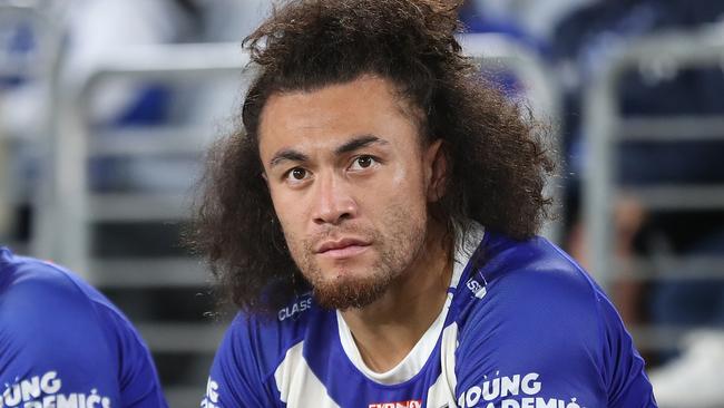 SYDNEY, AUSTRALIA - MAY 12:  Josh Reynolds and Raymond Faitala-Mariner of the Bulldogs look on from the bench during the round 11 NRL match between Canterbury Bulldogs and New Zealand Warriors at Accor Stadium on May 12, 2023 in Sydney, Australia. (Photo by Brendon Thorne/Getty Images)