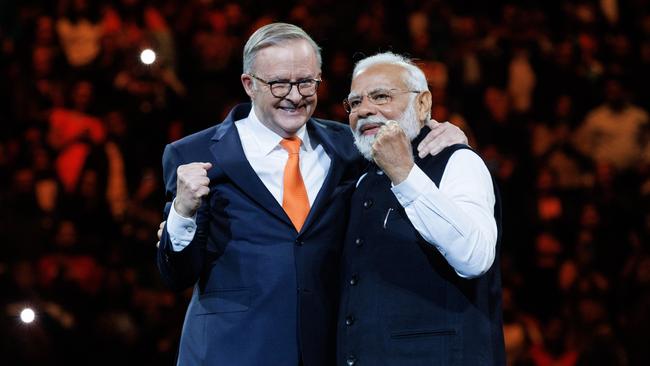 Mr Albanese introduced Mr Modi to a huge crowd in Sydney. Picture: NCA NewsWire / David Swift