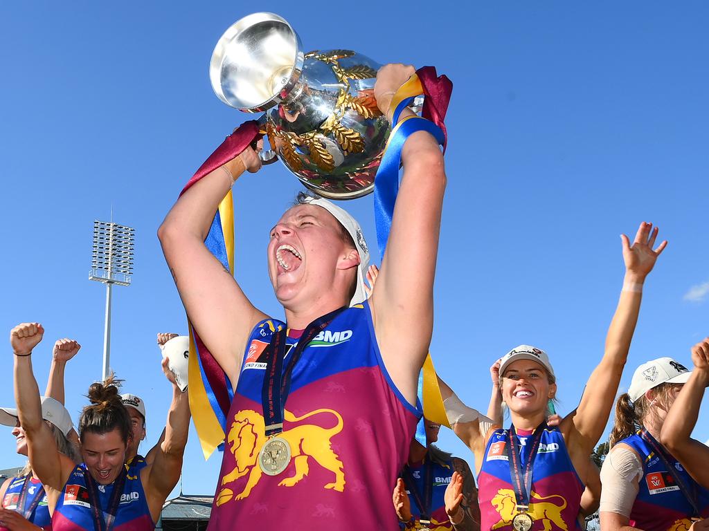 MELBOURNE, AUSTRALIA - DECEMBER 03: Dakota Davidson of the Lions celebrates with the premiership Cup during the AFLW Grand Final match between North Melbourne Tasmania Kangaroos and Brisbane Lions at Ikon Park, on December 03, 2023, in Melbourne, Australia. (Photo by Quinn Rooney/Getty Images)
