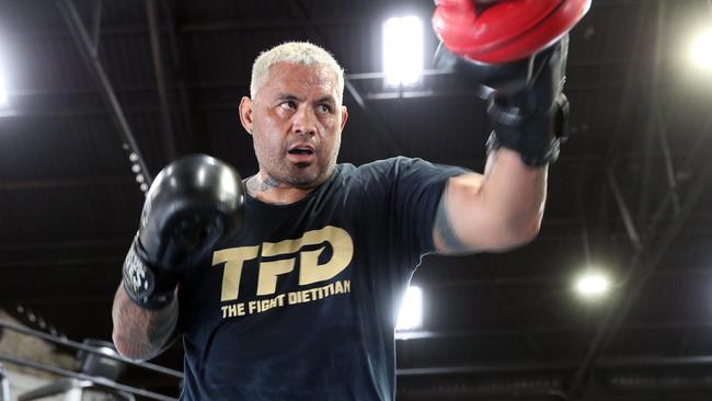 EMBARGOED FOR DAILY TELEGRAPH SYDNEY Pictured at Steel City Boxing in Newcastle is former champion UFC fighter Mark Hunt ahead of his boxing bout against Paul Gallen. Picture: Richard Dobson