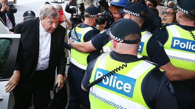 Cardinal George Pell arrives at Melbourne Magistrates' Court. Picture: Getty Images.