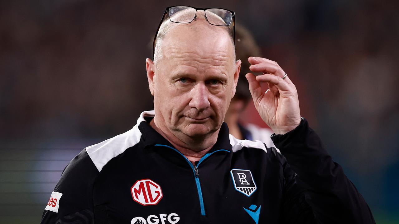 ADELAIDE, AUSTRALIA - SEPTEMBER 05: Ken Hinkley, Senior Coach of the Power looks on during the 2024 AFL Second Qualifying Final match between the Port Adelaide Power and the Geelong Cats at Adelaide Oval on September 05, 2024 in Adelaide, Australia. (Photo by Michael Willson/AFL Photos via Getty Images)