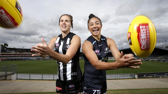 Jasmine Garner and Darcy Vescio at Ikon Park ahead of the AFLW season opener on Friday night. Picture: David Caird