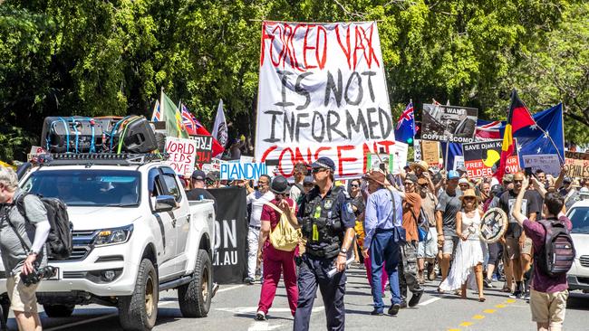 The Freedom Rally in the Brisbane CBD on Saturday. Picture: Richard Walker